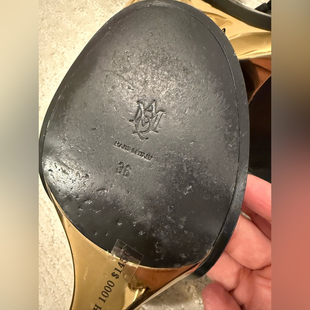 Alexander McQueen Black Suede T-Strap Wedge Sandals with Gold Sculpted Heel - Picture 13 of 15